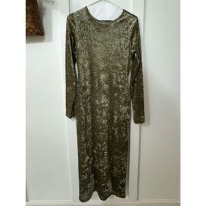 See You Monday Olive Green Crushed Velvet Long Sleeve Maxi Dress